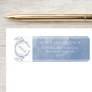 Etiqueta Cor Azul Elegante Dusty, Casamento Monograma L