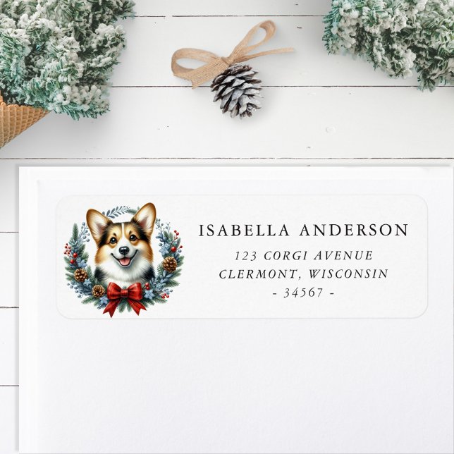 Etiqueta Corgi Dog Christmas Wreath Address (Criador carregado)