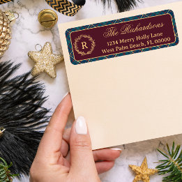 Etiqueta Coroa de Natal Xadrez Burgundy Monograma Clássico