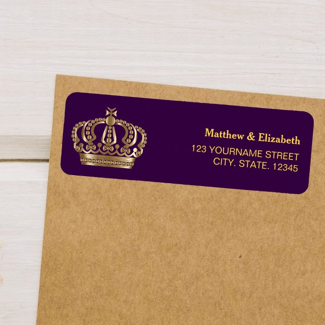 Etiqueta Coroa Dourada Casamento Roxo Real (Criador carregado)