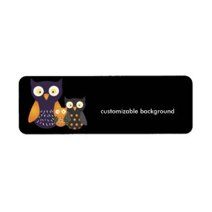 Etiqueta Corujas Roxo/Laranja/Preto, fundo personalizável