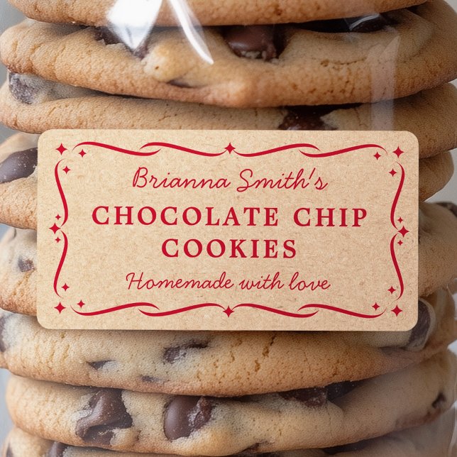 Etiqueta Cozinhar de assar para cozinha, vermelho-festivo (Festive red Kraft look kitchen baking cooking Label)