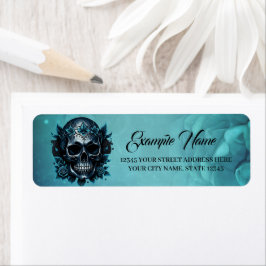 Etiqueta Crânio azul escuro com rosas
