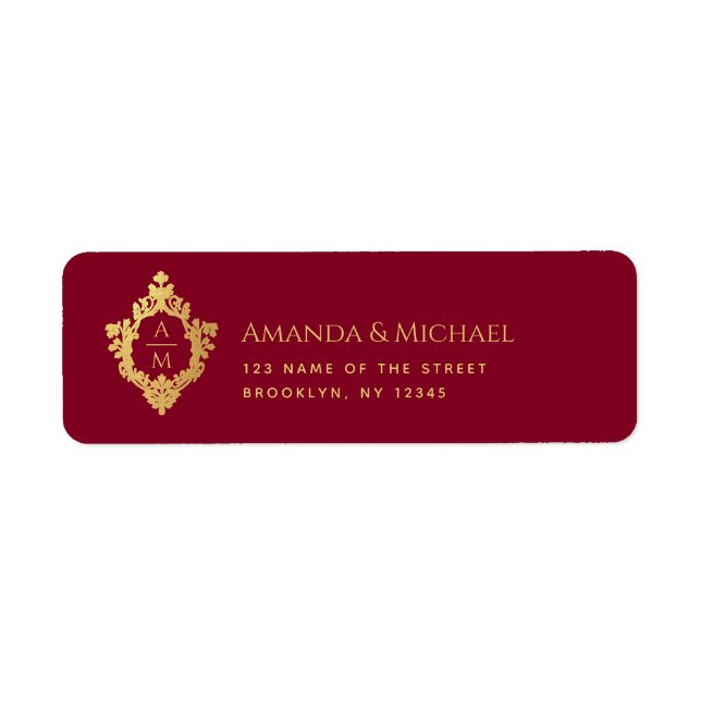 Etiqueta Crest Burgundy Falso Ouro Monograma de Casamento E (Frente)