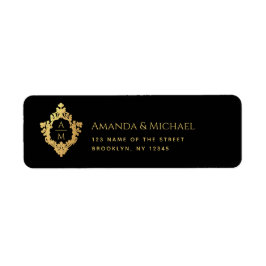 Etiqueta Crest Preto Falso Ouro Monograma de Casamento Eleg