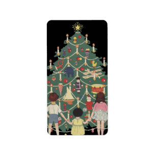 Etiqueta Crianças do natal vintage em torno de uma árvore