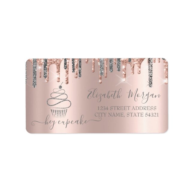 Etiqueta Cupcake Chic Prateado com Glitter Rose Gold Goteja (Frente)