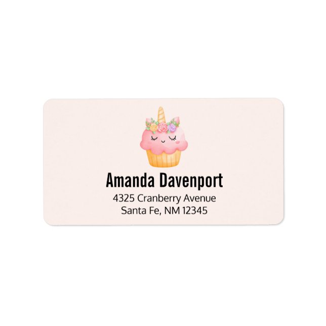 Etiqueta Cupcake rosa-claro Unicórnio com Rosas (Frente)