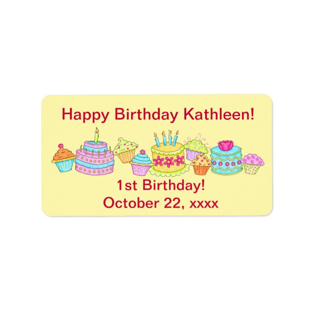 Etiqueta Cupcakes Amarelos /Bolo primeiro aniversario Feliz (Frente)