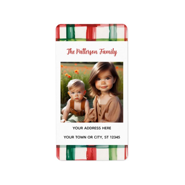Etiqueta Custom Happy Holidays Fun Plaid Red Green Photo (Frente)