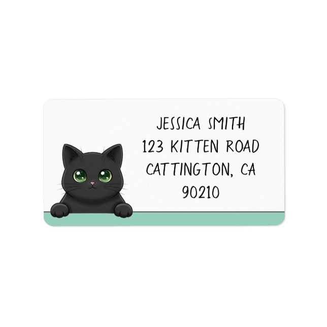 Etiqueta Cute Black Cat Peeking Mint Personalized (Frente)