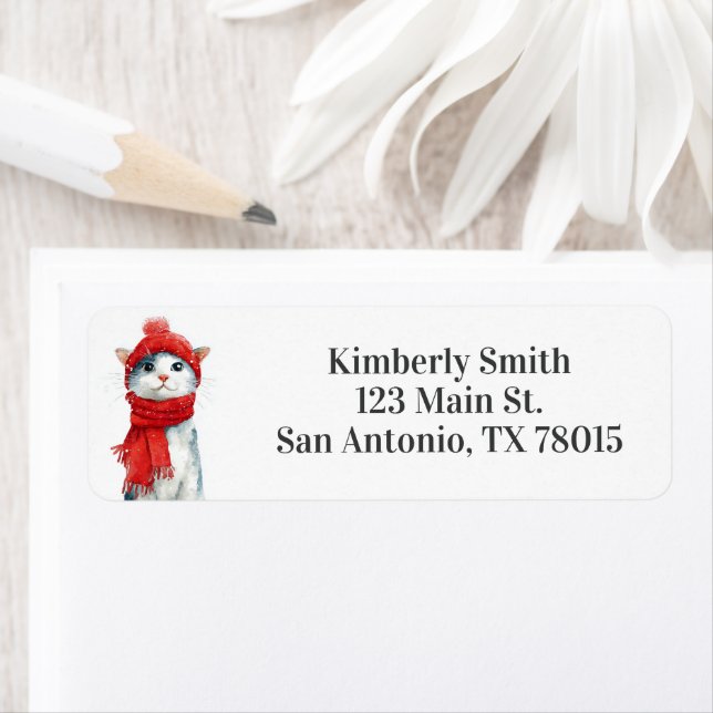 Etiqueta Cute Cat Christmas Address (Insitu)