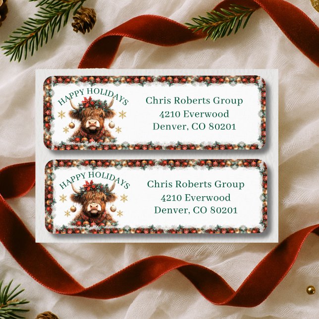 Etiqueta  Cute Highland Cow Christmas Business Address (Criador carregado)