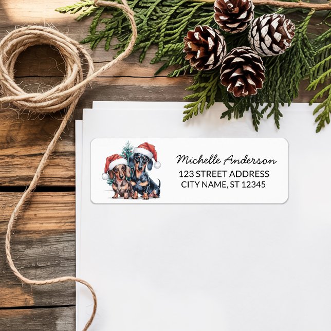 Etiqueta Dachshund em Santa Hat Endereço de Volta de Natal (Criador carregado)