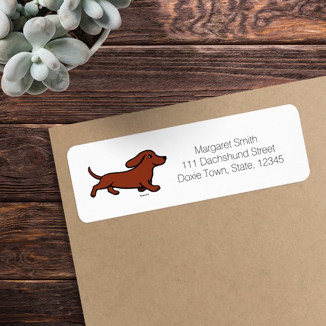 Etiqueta Dachshund Lisa Vermelha Correndo (Red Smooth Haired Dachshund Running Return Address Label featuring Dachshund in action.  Cartoon.)