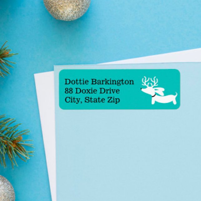 Etiqueta Dachshund Reindeer Blue Christmas Address Labels (Dachshund Christmas Card Address Labels)