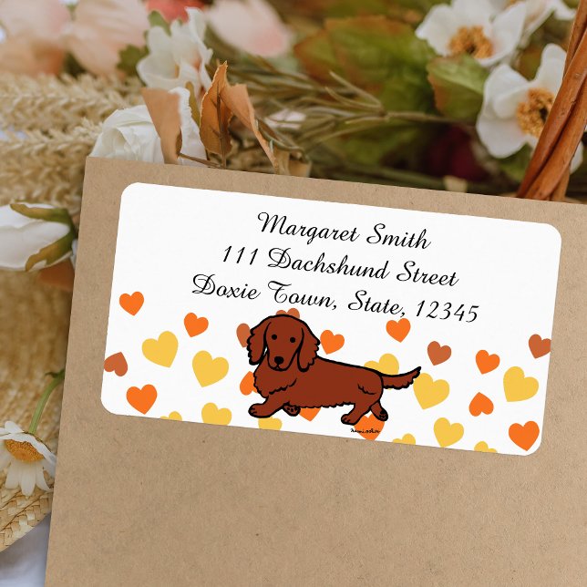 Etiqueta Dachshund Vermelho de Cabelo Longo 1 (Red Long Haired Dachshund Return Address Label featuring Dachshund Walking.  Cute Cartoon Design.)