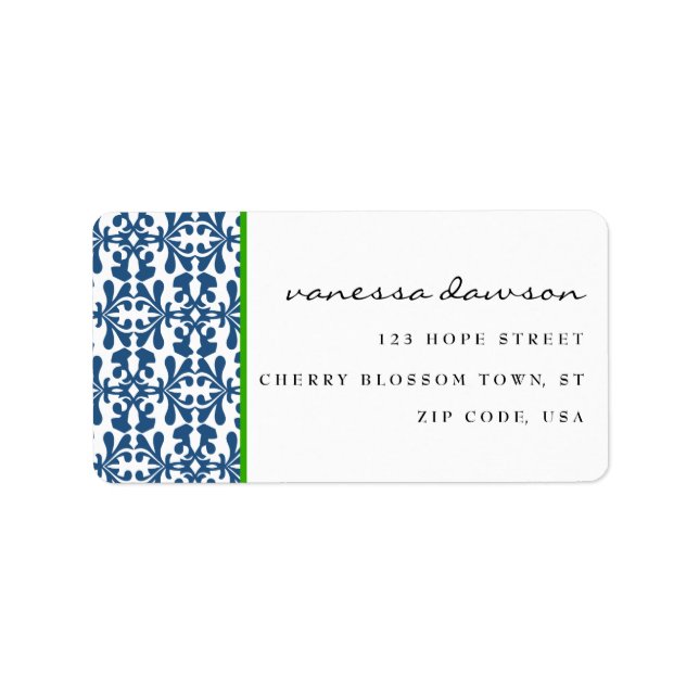 Etiqueta Damasco Árabe Azul Elegante Moderno Personalizado (Frente)