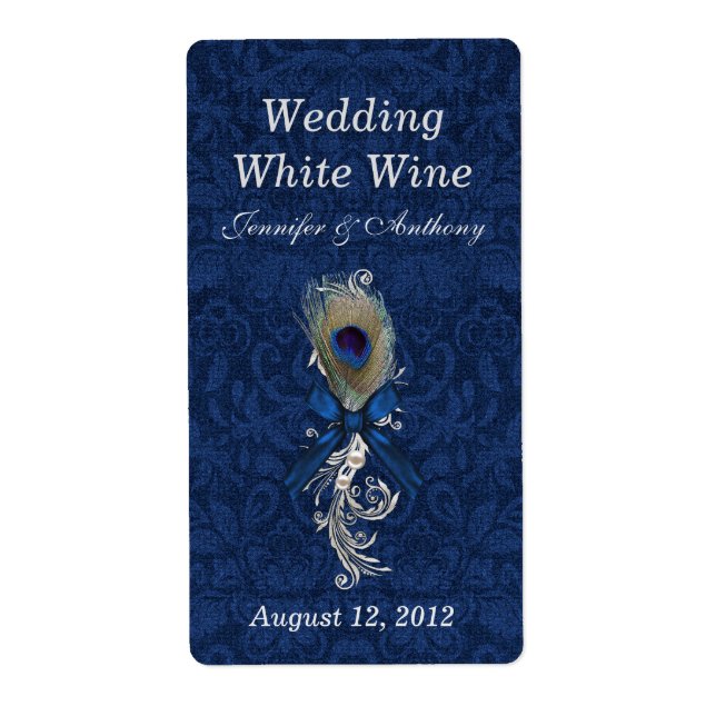 Etiqueta Damask and Peacock Feather Weding Mini Wine (Frente)