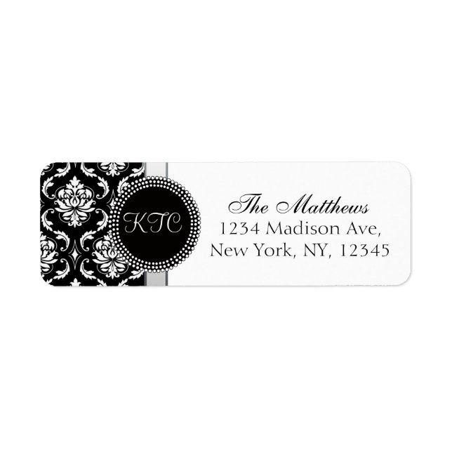Etiqueta Damask Monograma Address Labels Black Silver (Frente)