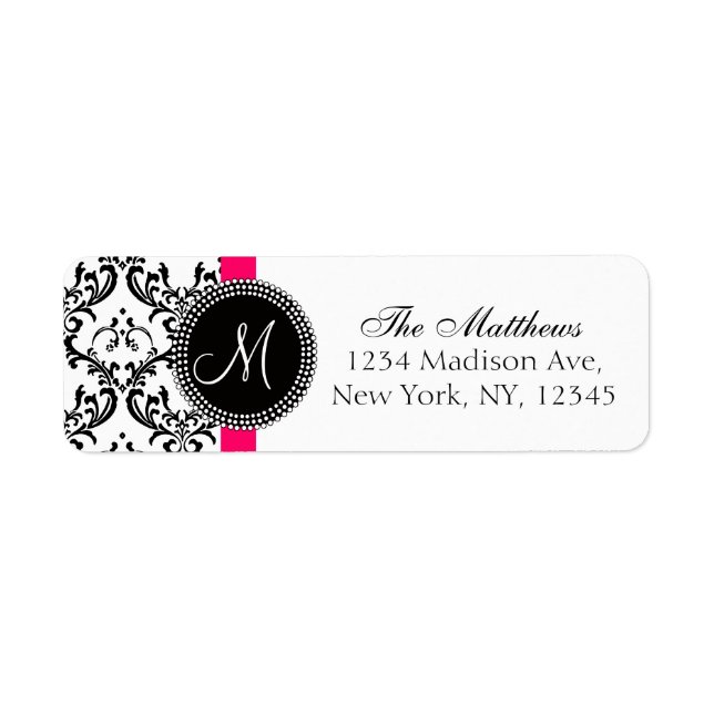 Etiqueta Damask Monograma Address Labels Black White (Frente)