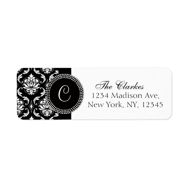 Etiqueta Damask Monograma Address Labels Black White (Frente)