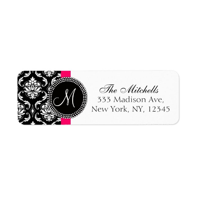 Etiqueta Damask Monograma Address Labels Black White (Frente)