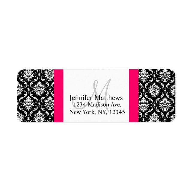 Etiqueta Damask Monograma Address Labels Rosa Preto (Frente)