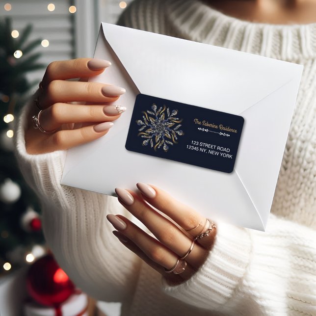 Etiqueta Dark Blue & Gold Midnight Sparkle Stars New Year  (Criador carregado)