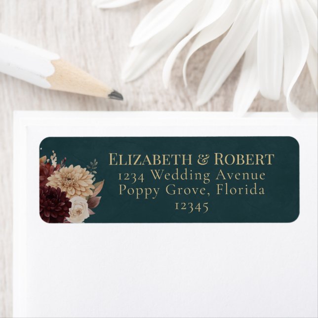 Etiqueta Dark Teal Floral Gothic Wedding Address Label (Insitu)