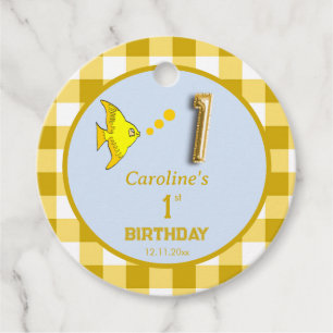 Etiqueta de 1º Aniversário Peixe Xadrez Amarelo Ba