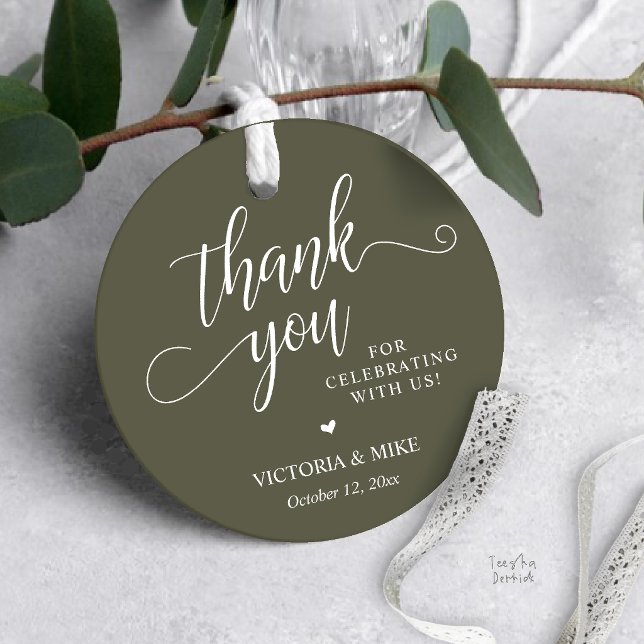 Etiqueta de agradecimento de casamento em verde ol (Elegant Script Wedding Favor Gift Thank you Tags in Olive Green)