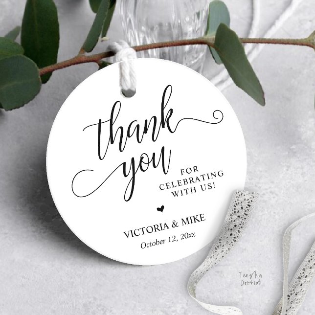 Etiqueta de Agradecimento de Casamento Preto e Bra (Elegant Script Wedding Favor Gift Thank you Tags in Black and White)