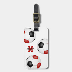Etiqueta De Bagagem 3 bolas de futebol preto vermelhas, monograma