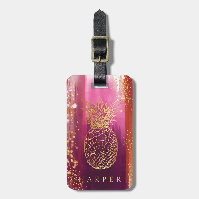 Etiqueta De Bagagem Abacaxi Dourado Rosa Personalizado (Frente Vertical)
