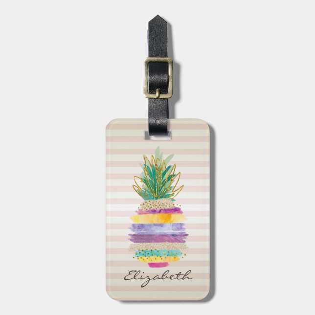 Etiqueta De Bagagem Abacaxi Glitter Chic, Stripes (Frente Vertical)