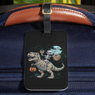 Etiqueta De Bagagem Abóbora de Halloween com Esqueleto Montando Dinoss