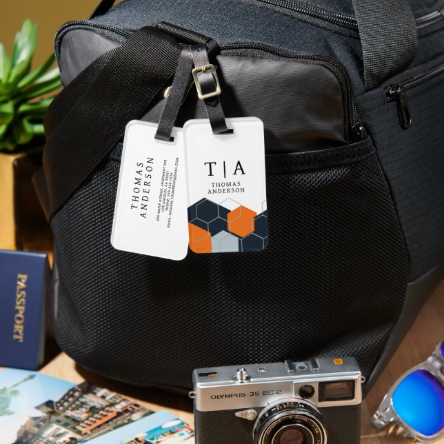 Etiqueta De Bagagem Abstract Orange-Black Geometric Background (Frente e verso)