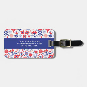 Etiqueta De Bagagem Adicione seu teste padrão floral azul & coral