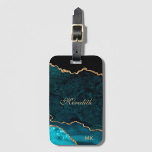 Etiqueta De Bagagem Agate de Brilho Dourado Teal Personalizado