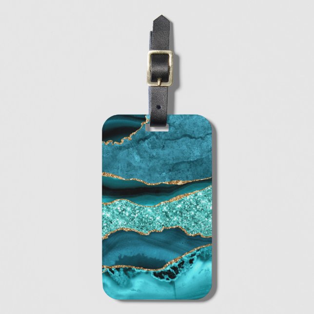 Etiqueta De Bagagem Agate Teal Blue Glitter Marble Aqua Turquoise (Frente Vertical)
