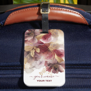 Etiqueta De Bagagem Agato floral de Borgonha e Glitter Dourado