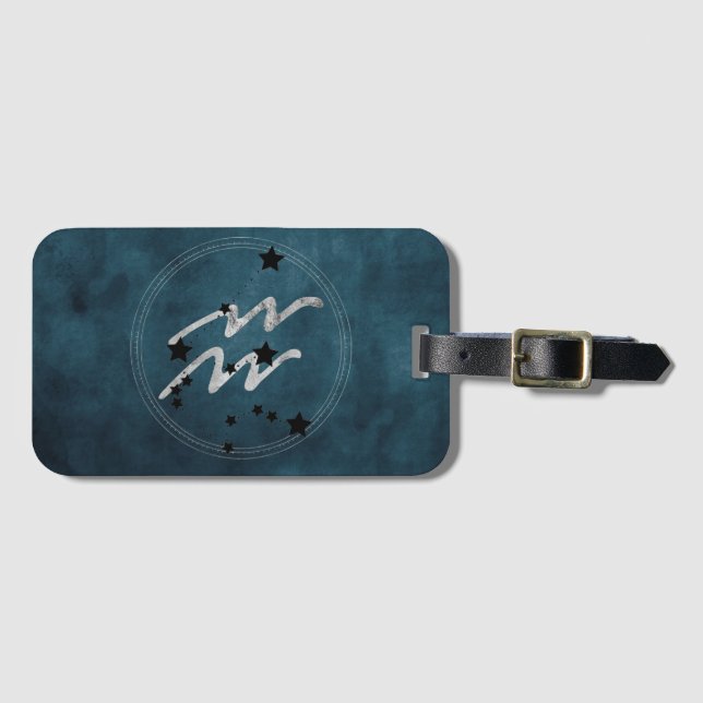 Etiqueta De Bagagem Água zodiac preto & constelação prata verde-água (Frente Horizontal)