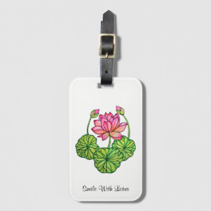 Etiqueta De Bagagem Aguarela Lotus cor-de-rosa com botões & folhas