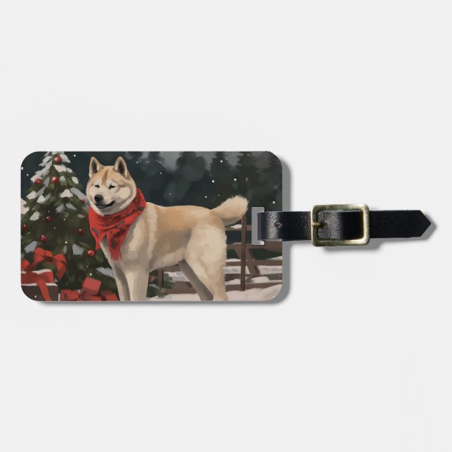 Etiqueta De Bagagem Akita Dog no Natal da Neve (Frente Horizontal)