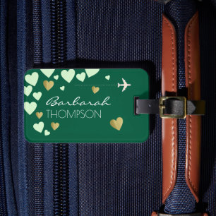 Etiqueta De Bagagem Amor Corações elegantes caçador-verde