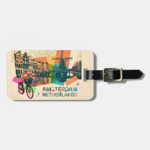 Etiqueta De Bagagem Amsterdã Holanda Canal Arte de Viagem Pop Vintage