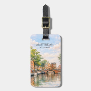 Etiqueta De Bagagem Amsterdã Holanda Canal Cidade Colorida   Viagem