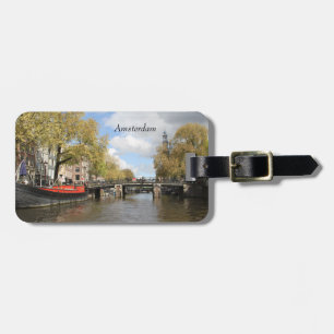 Etiqueta De Bagagem Amsterdão, canal, ponte, casa flutuante, pinácul