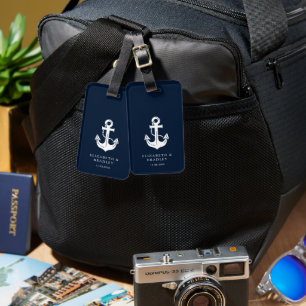 Etiqueta De Bagagem Âncora de Casamento Azul Marinho Náutico